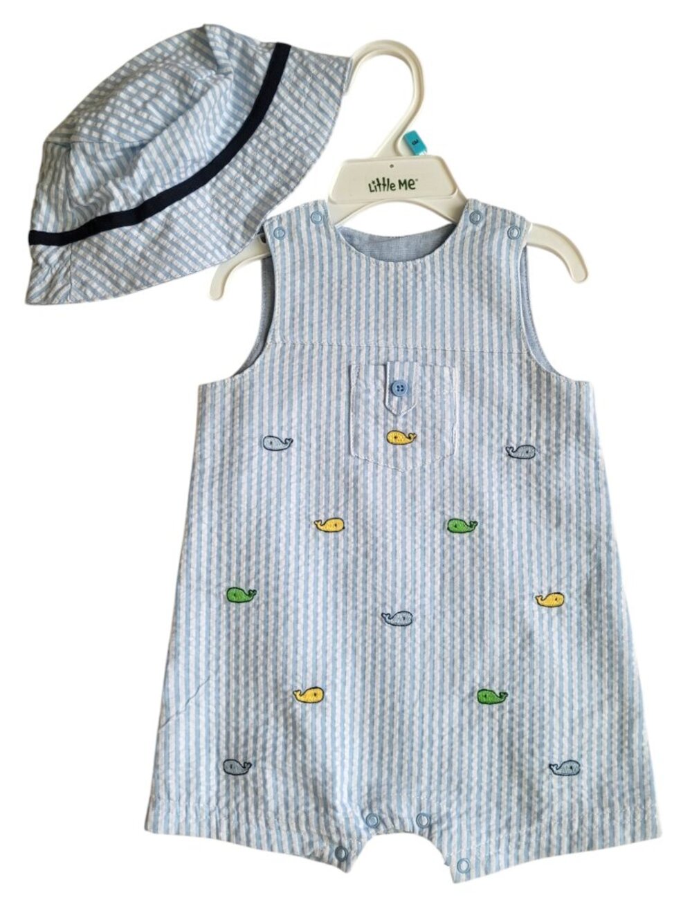 Little Me Boys Whale Seersucker Romper Hat Set 6M Blue Stripe NWOT